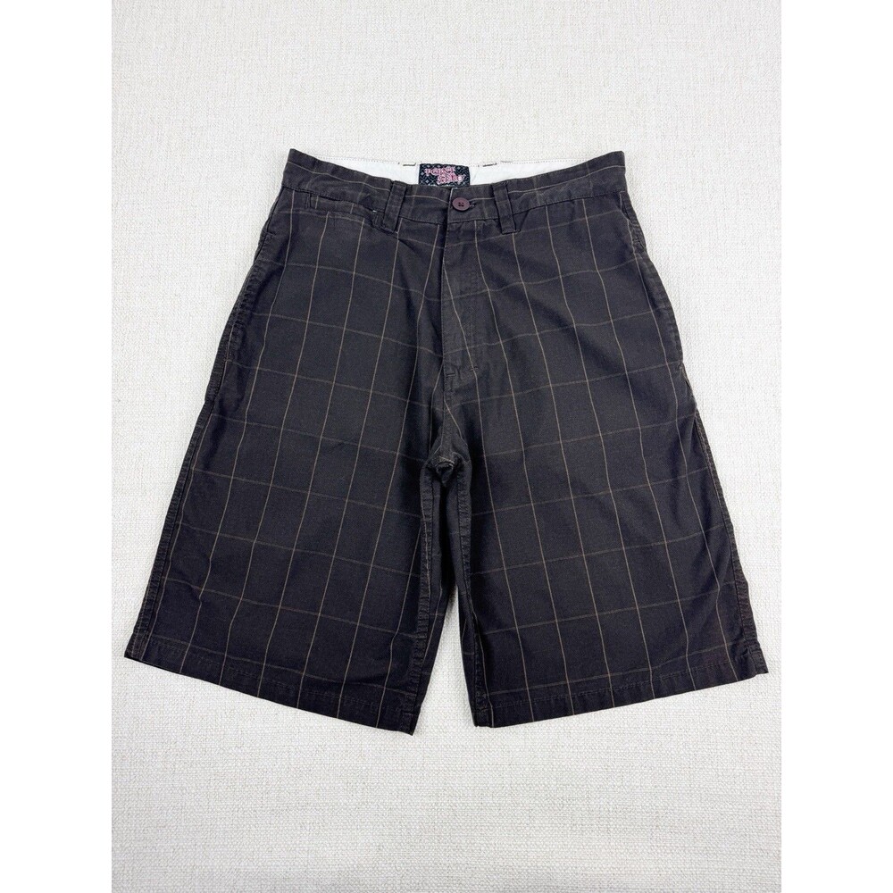 Y2K Point Zero Mens Brown Plaid Baggy Skater Long Relaxed Fit 11 Inseam Shorts